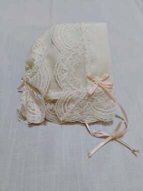 Vintage Ivory Lace and Cotton Christening Baby Bonnet - Delicate Pink Ribbon Acc